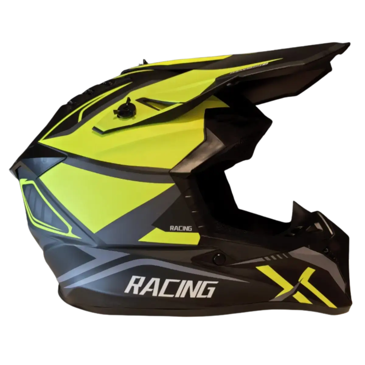 Cască Moto Off Road – Negru Mat Cu Verde și Cozoroc – Vedere Laterală Dreaptă