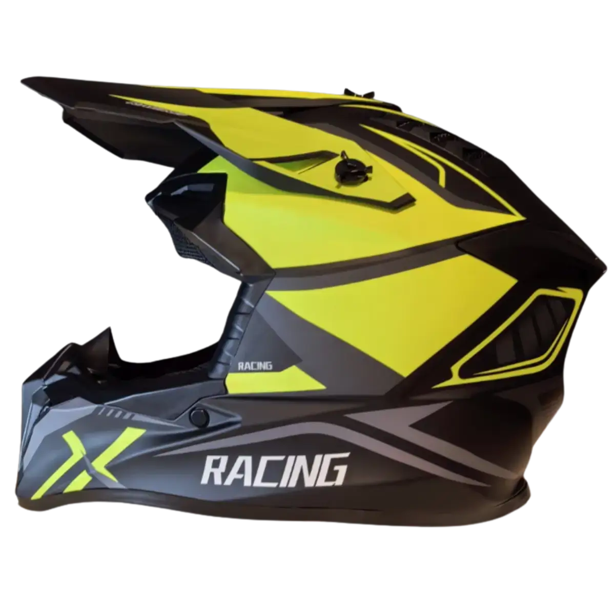 Cască Moto Off Road – Negru Mat Cu Verde și Cozoroc – Vedere Laterală Stângă