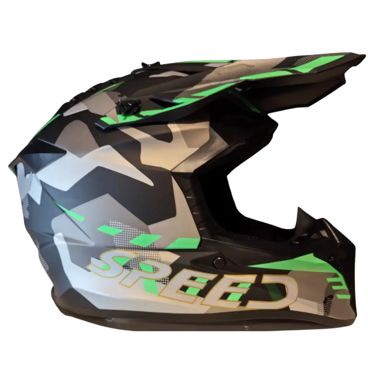 Κράνος Off Road – πράσινη παραλλαγή με γείσο – δεξιά πλευρική όψη